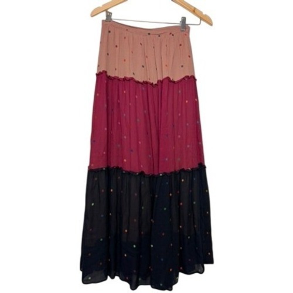 Farm Rio Polka Dot Colorblock‎ Tiered Maxi Skirt Mauve Magenta Navy XS